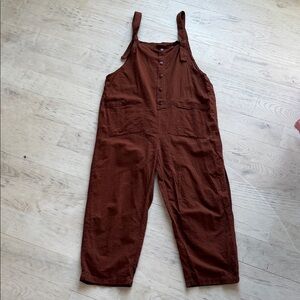 Rust Brown Button-Front Linen Blend Overalls